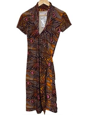 Kiki Kamanu Wrap Dress Medium African Safari Brown Gold Peacock Short Sleeve